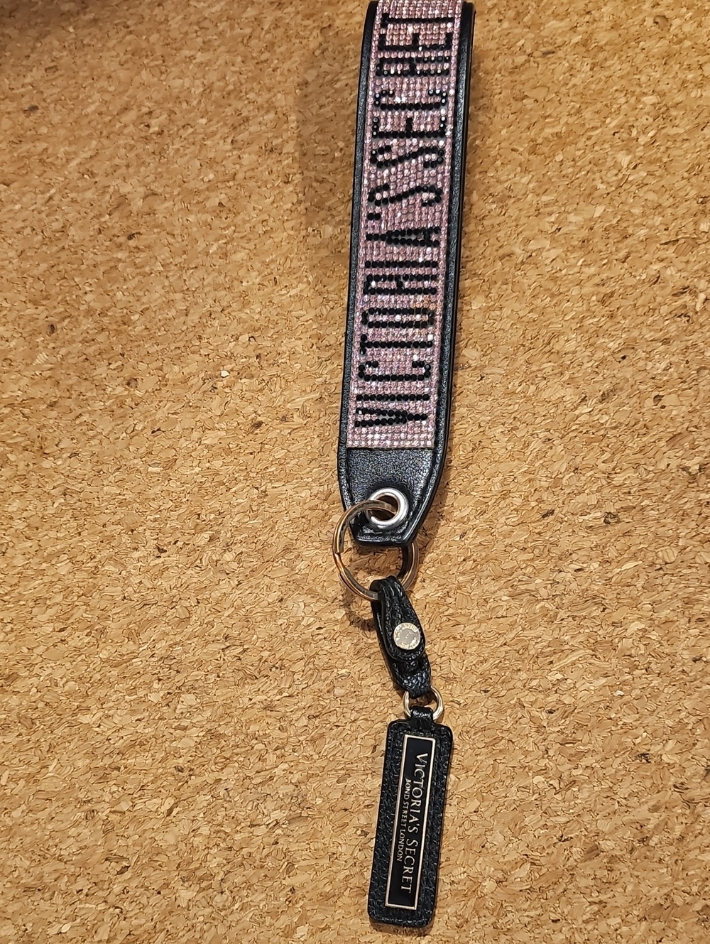 Victoria's Secret Pink Rhinestone Black Leather Wristlet Keychain Dscntinued